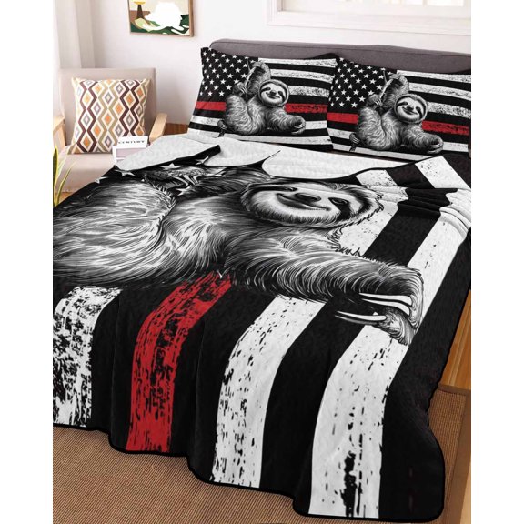 Full Quilt Bedding Set, Patriotic Stars and Stripes Koala Lightweight Coverlet Summer Comforter Set Soft Microfiber Bedspread, USA Flag Red Line Animal 3 Piece Quilt Set with 2 Pillow Shams