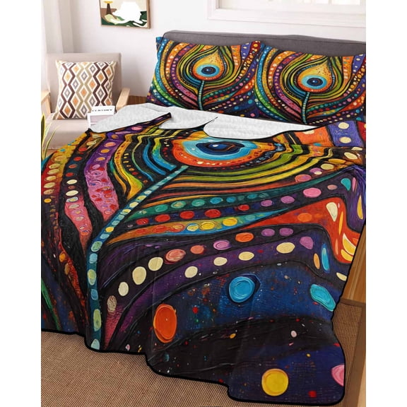 Full Quilt Bedding Set, Peacock Feather Colorful Stripe Lightweight Coverlet Summer Comforter Set Soft Microfiber Bedspread, Abstract Art 3 Piece Quilt Set with 2 Pillow Shams All Seasons Use
