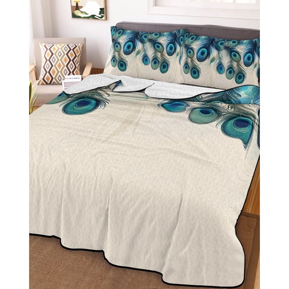 Full Quilt Bedding Set, Peacock Feathers on Beige Lightweight Coverlet Summer Comforter Set Soft Microfiber Bedspread, Abstract Pattern 3 Piece Quilt Set with 2 Pillow Shams All Seasons Use