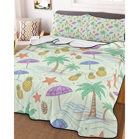 Full Quilt Bedding Set Pineapple Starfish Coconut Tree Summer Quilt Lightweight Quilted Coverlet with 2 Pillow Shams, Summer Seaside Ocean Theme 3-Piece Bedspread Quilt Set for All Season