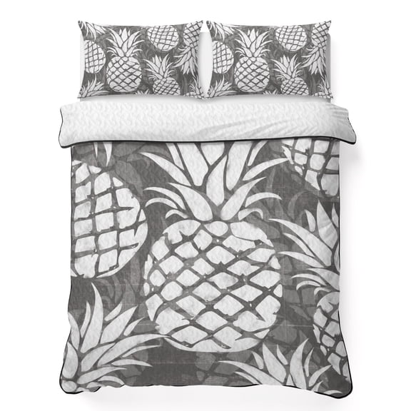 Full Quilt Bedding Set, Pineapple Summer Fruit Seamless Soft Microfiber Summer Bedspread Coverlet with 2 Pillow Shams for All Season, Retro Gray Breathable Bedding Set for Hot Sleepers