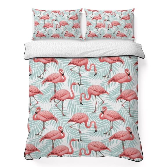 Full Quilt Bedding Set Pink Flamingo Tropical Plant Leaves Breathable Summer Cooling Blanket for Hot Sleepers, Summer Botantical Lightweight Soft Bedding Set with 2 Pillow Shams for All Season