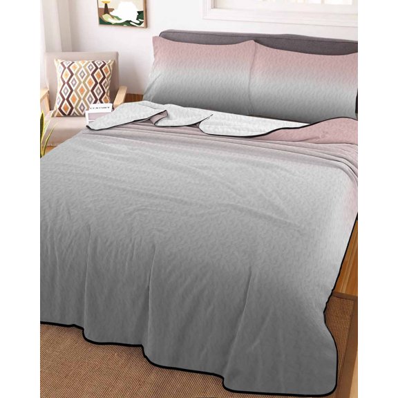 Full Quilt Bedding Set, Pink Gray Gradient Lightweight Coverlet Summer Comforter Set Soft Microfiber Bedspread, Modern Minimalist Ombre Style 3 Piece Quilt Set with 2 Pillow Shams All Seasons Use