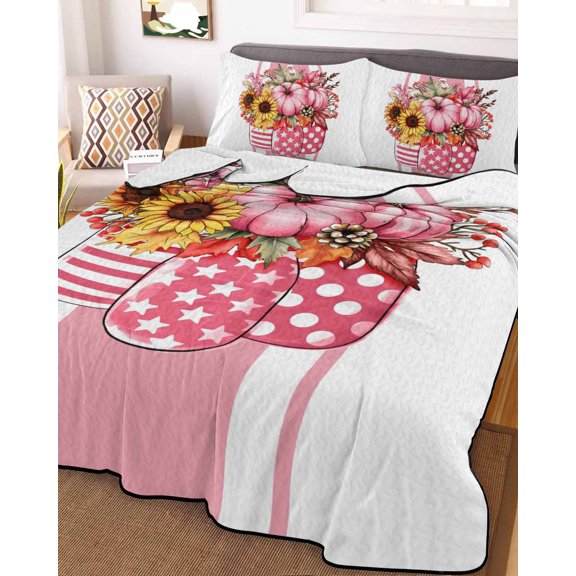 Full Quilt Bedding Set, Pink Pumpkin Thanksgiving Fall Sunflower Berry Lightweight Coverlet Summer Comforter Set Soft Microfiber Bedspread, Star Stripes 3 Piece Quilt Set with 2 Pillow Shams
