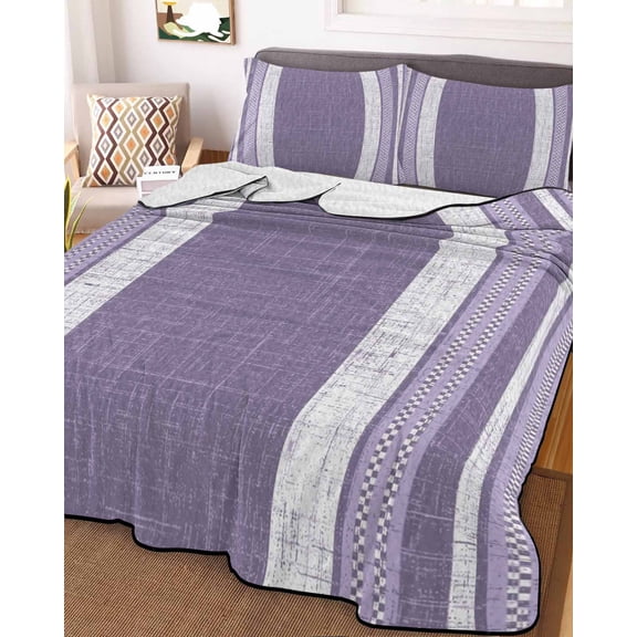 Full Quilt Bedding Set Purple Color Stripe Retro Linen Summer Quilt Lightweight Quilted Coverlet with 2 Pillow Shams, Minimalist Rustic Geometric Art 3-Piece Bedspread Quilt Set for All Season