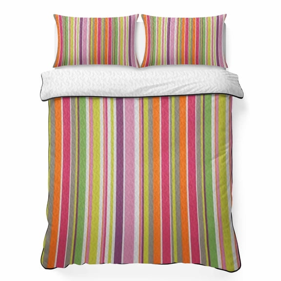 Full Quilt Bedding Set Rainbow Stripe Colorful Line Breathable Summer Cooling Blanket for Hot Sleepers, Watercolor Stripes Seamless Lightweight Soft Bedding Set with 2 Pillow Shams for All Season