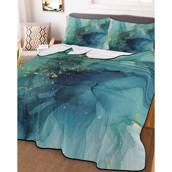 Full Quilt Bedding Set, Rattail Green Marble Texture Lightweight Coverlet Summer Comforter Set Soft Microfiber Bedspread, Gold Blue Gradient 3 Piece Quilt Set with 2 Pillow Shams All Seasons Use