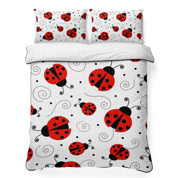 Full Quilt Bedding Set Red Ladybug Seamless Breathable Summer Cooling Blanket for Hot Sleepers, Funny Cartoon Animal Lightweight Soft Bedding Set with 2 Pillow Shams for All Season