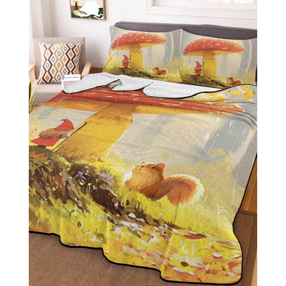 Full Quilt Bedding Set, Red Mushroom Cute Gnome Squirrel Lightweight Coverlet Summer Comforter Set Microfiber Bedspread, Autumn Watercolor Oil Painting Style 3 Piece Quilt Set with 2 Pillow Shams