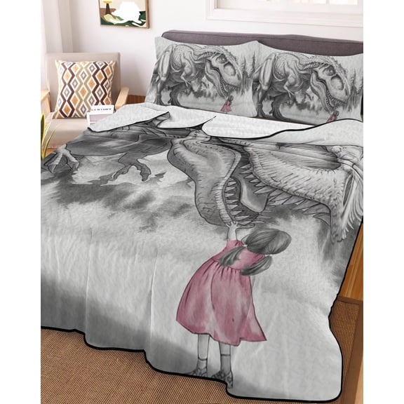 Full Quilt Bedding Set, Retro Cartoon Dinosaur Little Girl Lightweight Coverlet Summer Comforter Set Soft Microfiber Bedspread, Monster Animal Sketch 3 Piece Quilt Set with 2 Pillow Shams