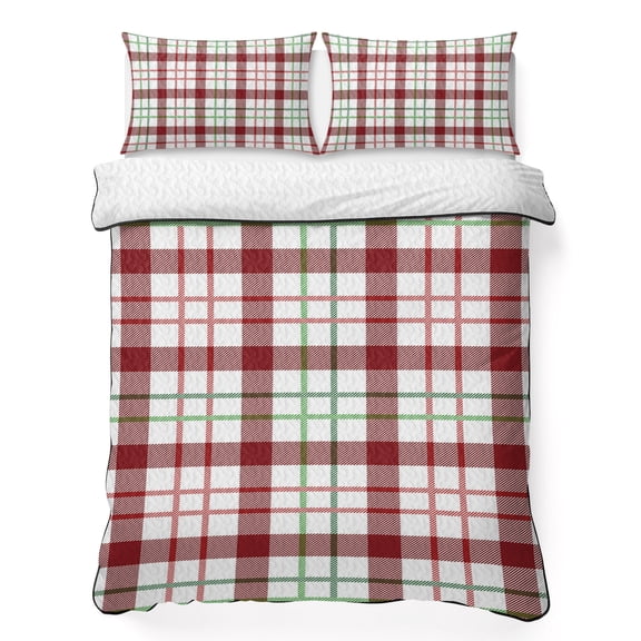 Full Quilt Bedding Set, Retro Christmas Red Green Tartan Plaid Soft Microfiber Summer Bedspread Coverlet with 2 Pillow Shams for All Season, Retro Farm Lattice Breathable Bedding Set for Hot Sleepers