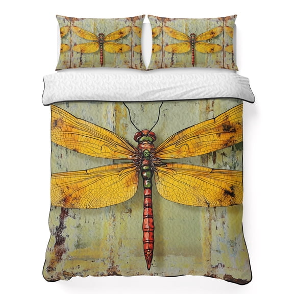 Full Quilt Bedding Set Retro Country Dragonfly Breathable Summer Cooling Blanket for Hot Sleepers, Abstract Farm Animal Lightweight Soft Bedding Set with 2 Pillow Shams for All Season