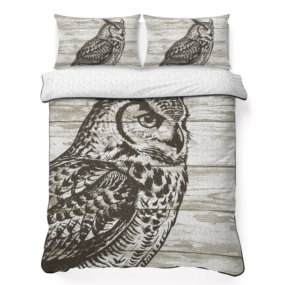 Full Quilt Bedding Set, Retro Countryside Owls Soft Microfiber Summer Bedspread Coverlet with 2 Pillow Shams for All Season, Farm Woodcuts Breathable Bedding Set for Hot Sleepers
