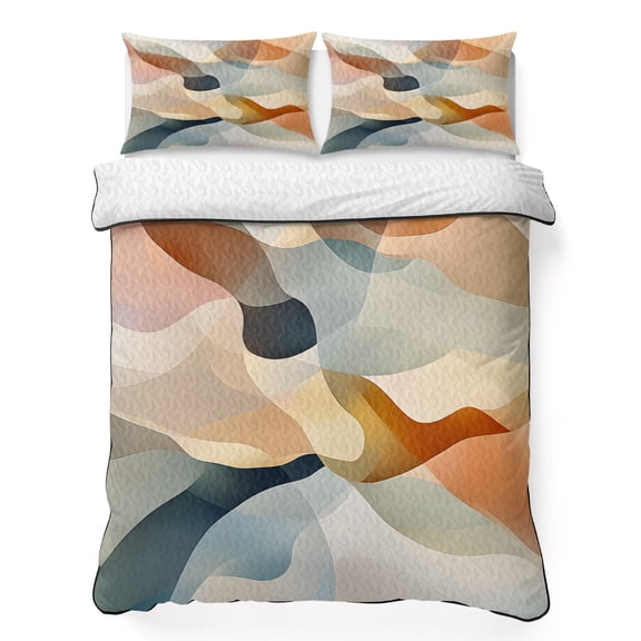 Full Quilt Bedding Set, Retro Gradient Blue Brown Wave Soft Microfiber Summer Bedspread Coverlet with 2 Pillow Shams for All Season, Abstract Water Ripple Breathable Bedding Set for Hot Sleepers