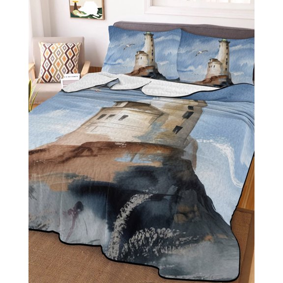 Full Quilt Bedding Set, Retro Lighthouse Oil Painting Art Lightweight Coverlet Summer Comforter Set Soft Microfiber Bedspread, Ocean Seagull Beach 3 Piece Quilt Set with 2 Pillow Shams