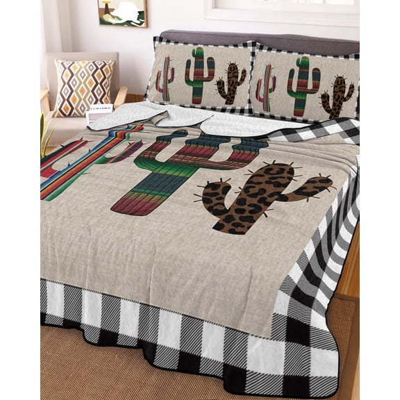 Full Quilt Bedding Set, Retro Mexico Stripe Cactus Tropical Plant on Linen Lightweight Coverlet Summer Comforter Set Soft Microfiber Bedspread, Buffalo Check 3 Piece Quilt Set with 2 Pillow Shams