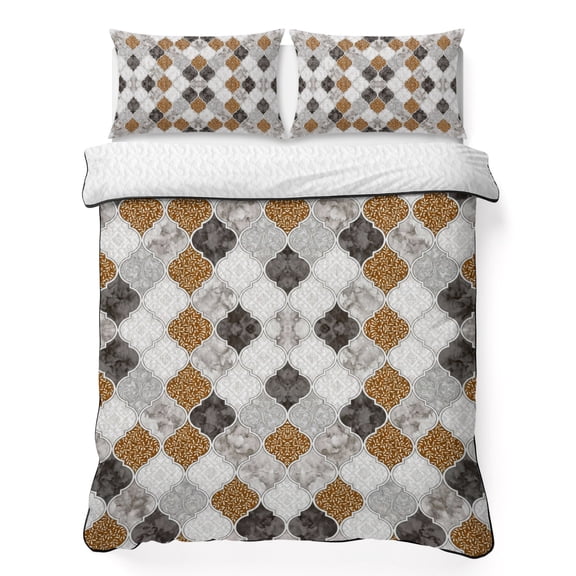 Full Quilt Bedding Set Retro Moroccan Lattice Grey Marble Breathable Summer Cooling Blanket for Hot Sleepers, Modern Minimalist Style Soft Bedding Set with 2 Pillow Shams for All Season