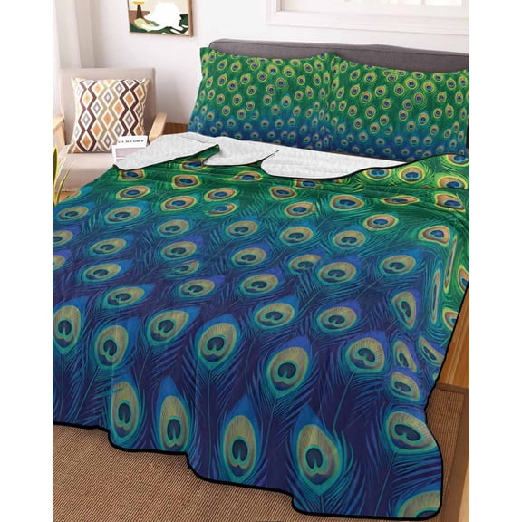 Full Quilt Bedding Set, Retro Peacock Texture Pattern Lightweight Coverlet Summer Comforter Set Soft Microfiber Bedspread, Green Blue 3 Piece Quilt Set with 2 Pillow Shams All Seasons Use