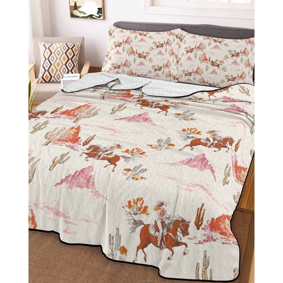 Full Quilt Bedding Set, Retro Western Ethnic Cowboy Cactus Lightweight Coverlet Summer Comforter Set Soft Microfiber Bedspread, Cream Pink Desert 3 Piece Quilt Set with 2 Pillow Shams All Seasons Use
