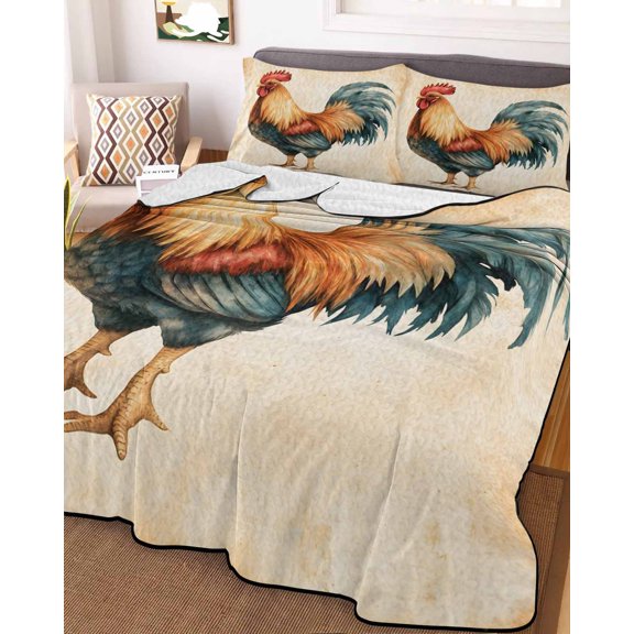 Full Quilt Bedding Set, Rooster Farmhouse Animal Lightweight Coverlet Summer Comforter Set Soft Microfiber Bedspread, Retro Country Style 3 Piece Quilt Set with 2 Pillow Shams All Seasons Use