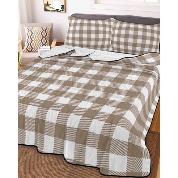 Full Quilt Bedding Set, Rural Country Beige White Buffalo Tartan Plaid Lightweight Coverlet Summer Comforter Set Soft Microfiber Bedspread, Minimalist Checkered 3 Piece Quilt Set with 2 Pillow Shams