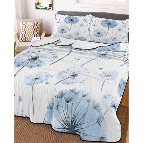 Full Quilt Bedding Set, Rural Farm Plants Dandelions Lightweight Coverlet Summer Comforter Set Soft Microfiber Bedspread, Blue Botanical Flower 3 Piece Quilt Set with 2 Pillow Shams All Seasons Use