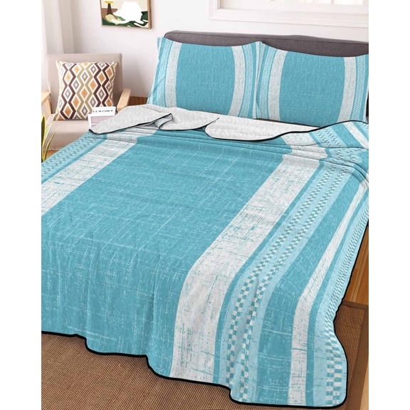 Full Quilt Bedding Set, Rustic Aqua Minimalist Stripes Lightweight Coverlet Summer Comforter Set Soft Microfiber Bedspread, Farmhouse Burlap Linen 3 Piece Quilt Set with 2 Pillow Shams