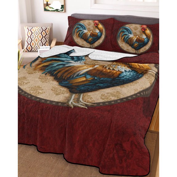 Full Quilt Bedding Set, Rustic Farm Rooster on Retro Texture Lightweight Coverlet Summer Comforter Set Soft Microfiber Bedspread, Red Marble Agate 3 Piece Quilt Set with 2 Pillow Shams