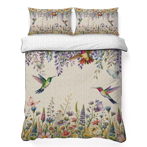 Full Quilt Bedding Set, Rustic Garden Blossom Flower Bird Soft Microfiber Summer Bedspread Coverlet with 2 Pillow Shams, Hummingbird Floral on Linen Breathable Bedding Set for Hot Sleepers