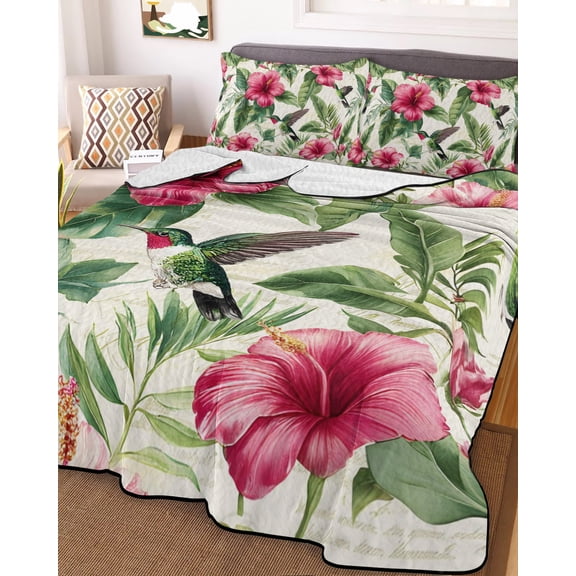Full Quilt Bedding Set, Rustic Hibiscus Flower Hummingbird Lightweight Coverlet Summer Comforter Set Soft Microfiber Bedspread, Summer Floral Leaf Bird 3 Piece Quilt Set with 2 Pillow Shams