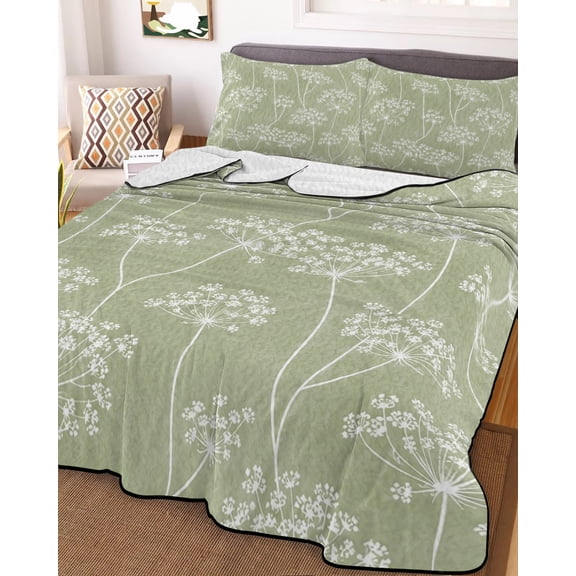 Full Quilt Bedding Set, Sage Green Dandelion Flower Lightweight Coverlet Summer Comforter Set Soft Microfiber Bedspread, Country Plant 3 Piece Quilt Set with 2 Pillow Shams All Seasons Use