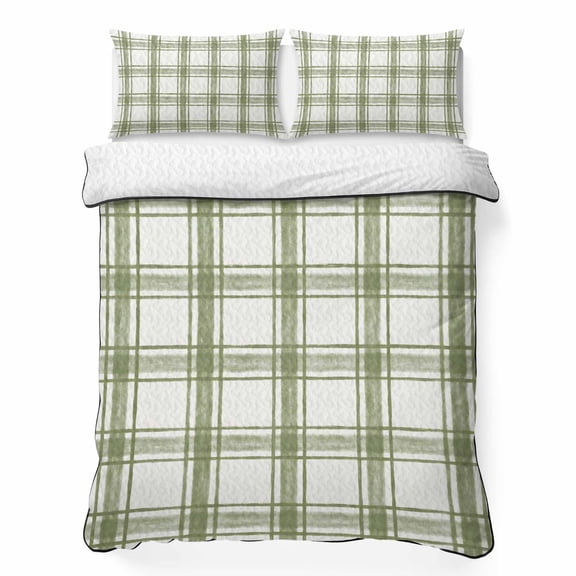 Full Quilt Bedding Set, Sage Green Gingham Patterns Soft Microfiber Summer Bedspread Coverlet with 2 Pillow Shams for All Season, Minimalist Lines Breathable Bedding Set for Hot Sleepers