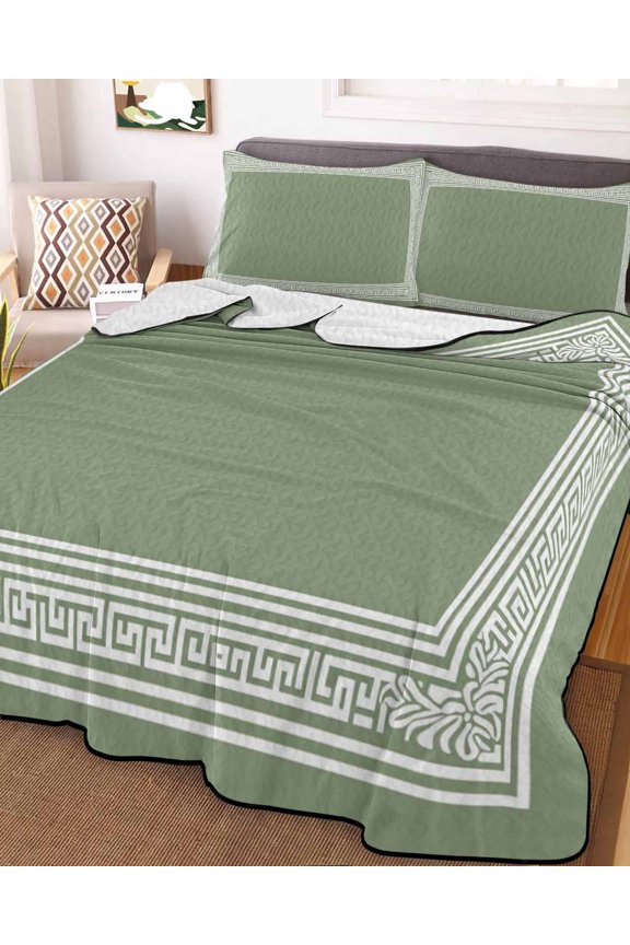 Full Quilt Bedding Set, Sage Green Greece Key Lightweight Coverlet Summer Comforter Set Soft Microfiber Bedspread, Abstract Geometric Greece 3 Piece Quilt Set with 2 Pillow Shams All Seasons Use
