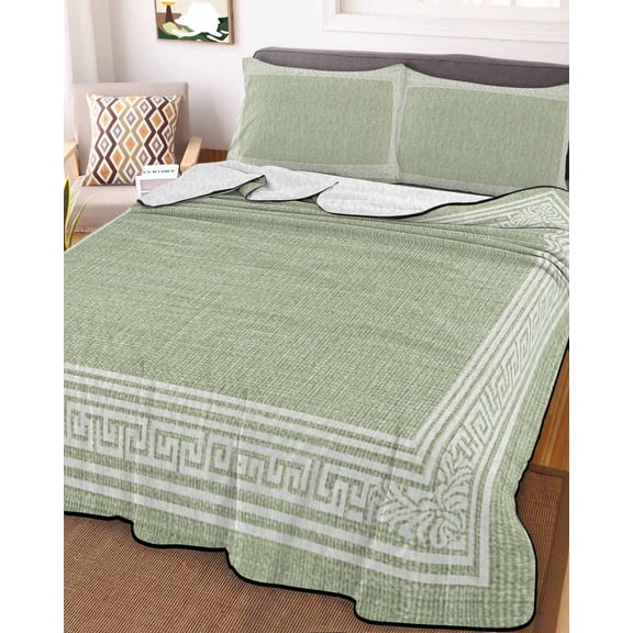 Full Quilt Bedding Set Sage Green Linen Burlap Key Summer Quilt Lightweight Quilted Coverlet with 2 Pillow Shams, Abstract Greek Inspired Texture 3-Piece Bedspread Quilt Set for All Season