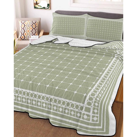 Full Quilt Bedding Set, Sage Green Plaid White Line Lightweight Coverlet Summer Comforter Set Soft Microfiber Bedspread, Polka Dot Farmhouse Style 3 Piece Quilt Set with 2 Pillow Shams