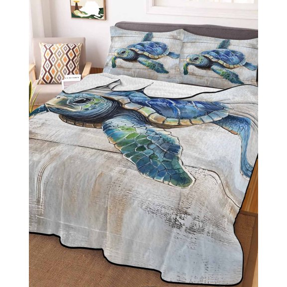 Full Quilt Bedding Set, Sea Turtle on Farm Wood Board Lightweight Coverlet Summer Comforter Set Soft Microfiber Bedspread, Retro Striped Background 3 Piece Quilt Set with 2 Pillow Shams