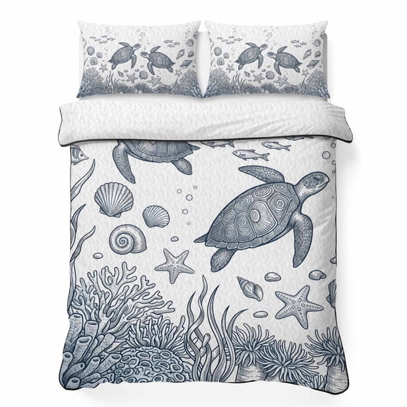 Full Quilt Bedding Set, Sea Turtle Starfish Coral Soft Microfiber Summer Bedspread Coverlet with 2 Pillow Shams for All Season, Gray Marine Life Breathable Bedding Set for Hot Sleepers