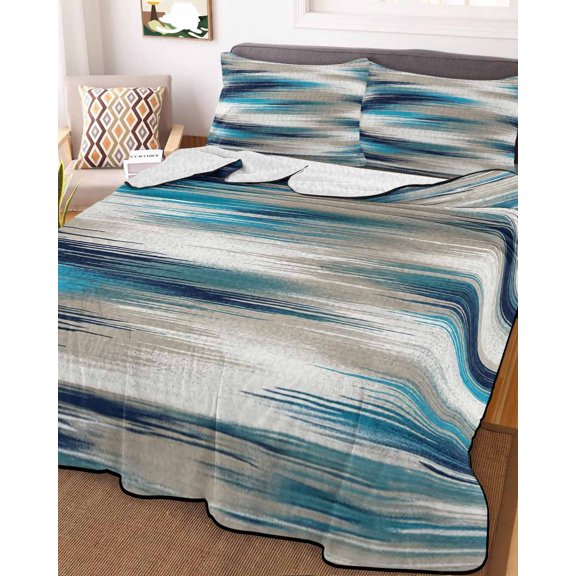 Full Quilt Bedding Set, Slate Blue Sand Striped Lightweight Coverlet Summer Comforter Set Soft Microfiber Bedspread, Abstract Geometric Art 3 Piece Quilt Set with 2 Pillow Shams All Seasons Use
