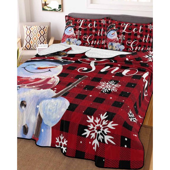Full Quilt Bedding Set Snowman Cardinal Red Black Buffalo Plaid Summer Quilt Lightweight Quilted Coverlet with 2 Pillow Shams, Winter White Snowflake 3-Piece Bedspread Quilt Set for All Season