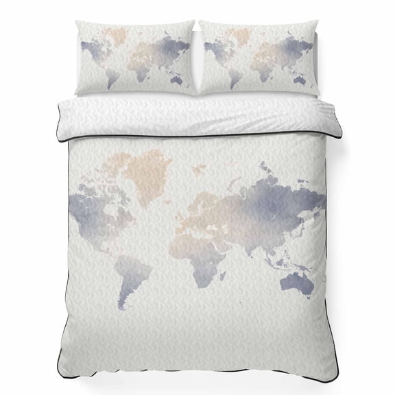 Full Quilt Bedding Set, Soft Watercolor World Map Soft Microfiber Summer Bedspread Coverlet with 2 Pillow Shams for All Season, Minimalist Travel Art Print Breathable Bedding Set for Hot Sleepers