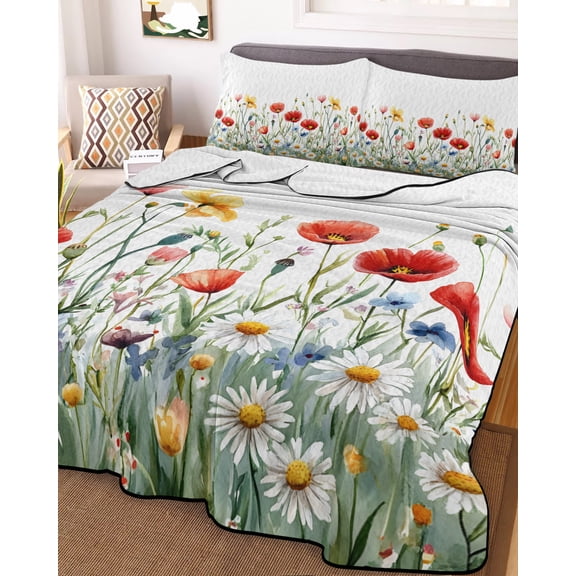 Full Quilt Bedding Set, Spring Colorful Wild Flowers Lightweight Coverlet Summer Comforter Set Soft Microfiber Bedspread, Pastoral Watercolor Daisy Bud 3 Piece Quilt Set with 2 Pillow Shams