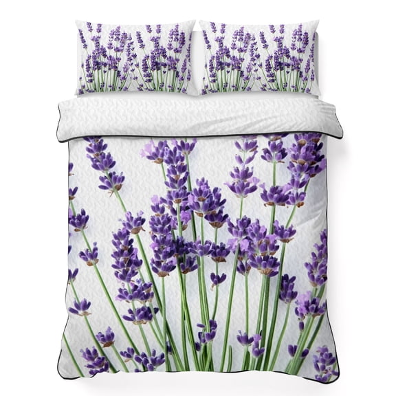 Full Quilt Bedding Set, Spring Flower Lavender Soft Microfiber Summer Bedspread Coverlet with 2 Pillow Shams for All Season, Country Purple Floral Art Breathable Bedding Set for Hot Sleepers