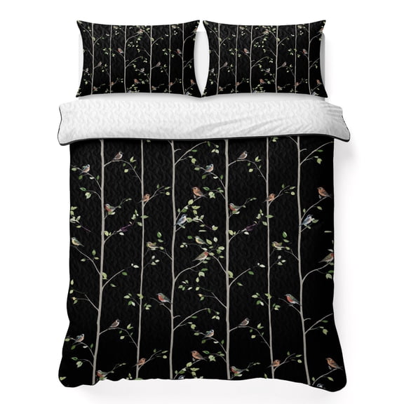 Full Quilt Bedding Set, Spring Sparrows on Branches Soft Microfiber Summer Bedspread Coverlet with 2 Pillow Shams for All Season, Abstract Country Bird Breathable Bedding Set for Hot Sleepers