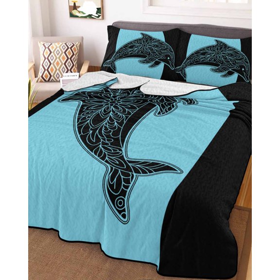 Full Quilt Bedding Set, Summer Abstract Dolphin on Blue and Black Lightweight Coverlet Summer Comforter Set Soft Microfiber Bedspread, Abstract Flower 3 Piece Quilt Set with 2 Pillow Shams
