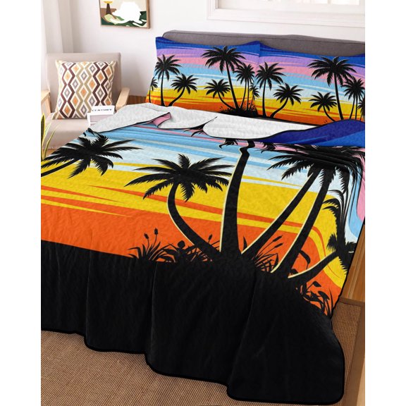 Full Quilt Bedding Set, Summer Beach Palm Tree Lightweight Coverlet Summer Comforter Set Soft Microfiber Bedspread, Seaside Plant Rainbow Sunset 3 Piece Quilt Set with 2 Pillow Shams All Seasons Use