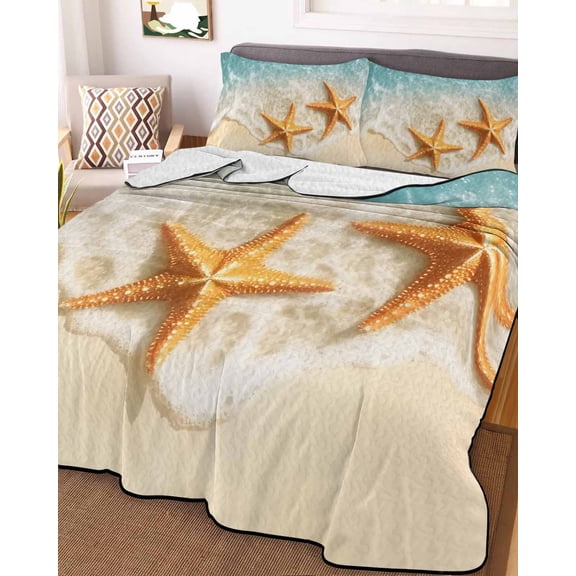 Full Quilt Bedding Set, Summer Beach Scene Starfish Ocean Lightweight Coverlet Summer Comforter Set Soft Microfiber Bedspread, Water Ripple Sea Waves 3 Piece Quilt Set with 2 Pillow Shams