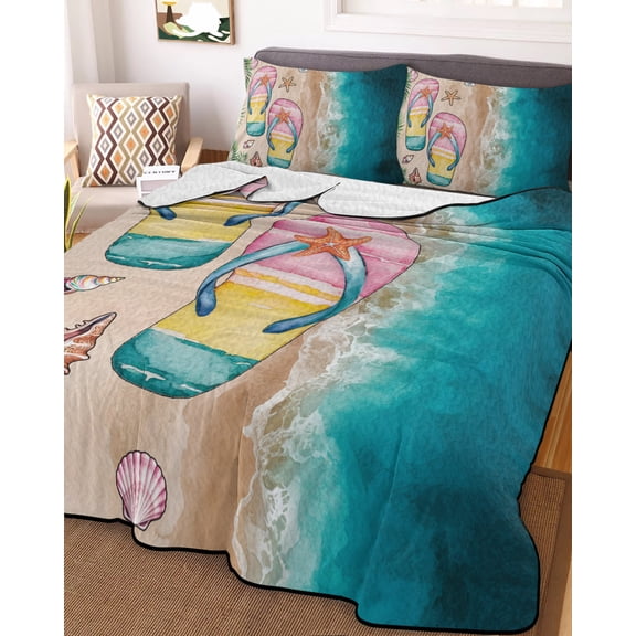 Full Quilt Bedding Set, Summer Beach Starfish Flip Flops Lightweight Coverlet Summer Comforter Set Soft Microfiber Bedspread, Ocean Scenery Leaf Shell 3 Piece Quilt Set with 2 Pillow Shams
