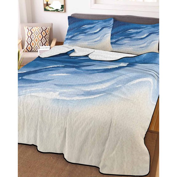 Full Quilt Bedding Set, Summer Coastal Beach Scene Lightweight Coverlet Summer Comforter Set Soft Microfiber Bedspread, Blue Ombre Sea Wave Water Ripple 3 Piece Quilt Set with 2 Pillow Shams