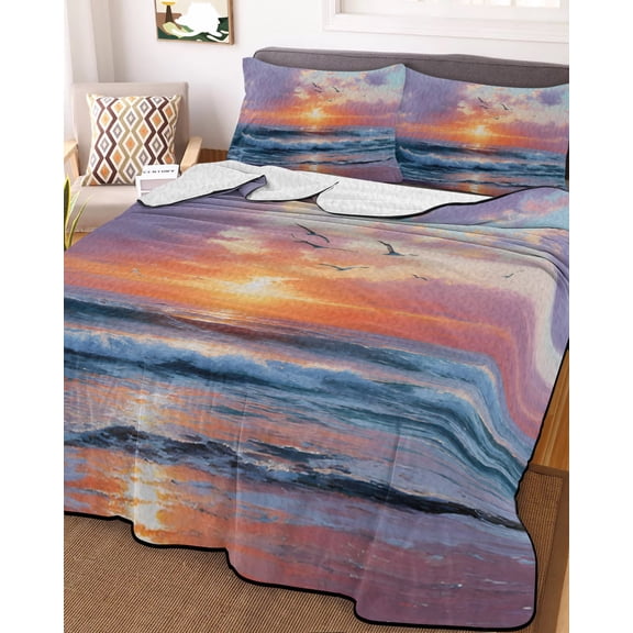 Full Quilt Bedding Set Summer Coastal Sunset Scene Summer Quilt Lightweight Quilted Coverlet with 2 Pillow Shams, Watercolor Beach Seagull Ocean Wave 3-Piece Bedspread Quilt Set for All Season
