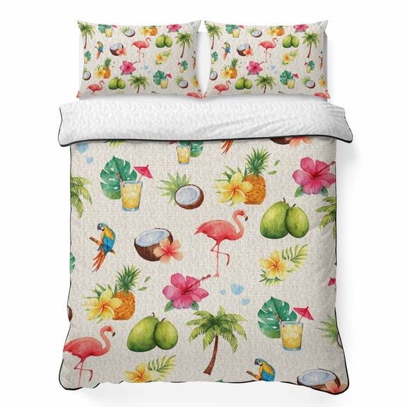 Full Quilt Bedding Set, Summer Coconut Pineapple Retro Linen Soft Microfiber Summer Bedspread Coverlet with 2 Pillow Shams, Tropical Flamingo Flower Breathable Bedding Set for Hot Sleepers